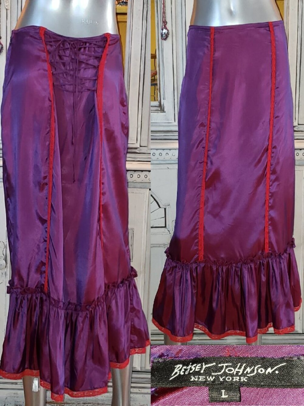 Betsey Johnson Corset Dress Skirt Vintage New York Lace Up Purple Pink Iridescnt